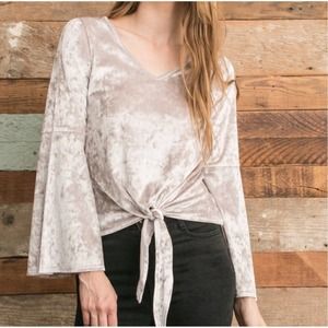 Noa Elle Holly Tie Front Crushed Velvet Top Large Silver Bell Sleeves